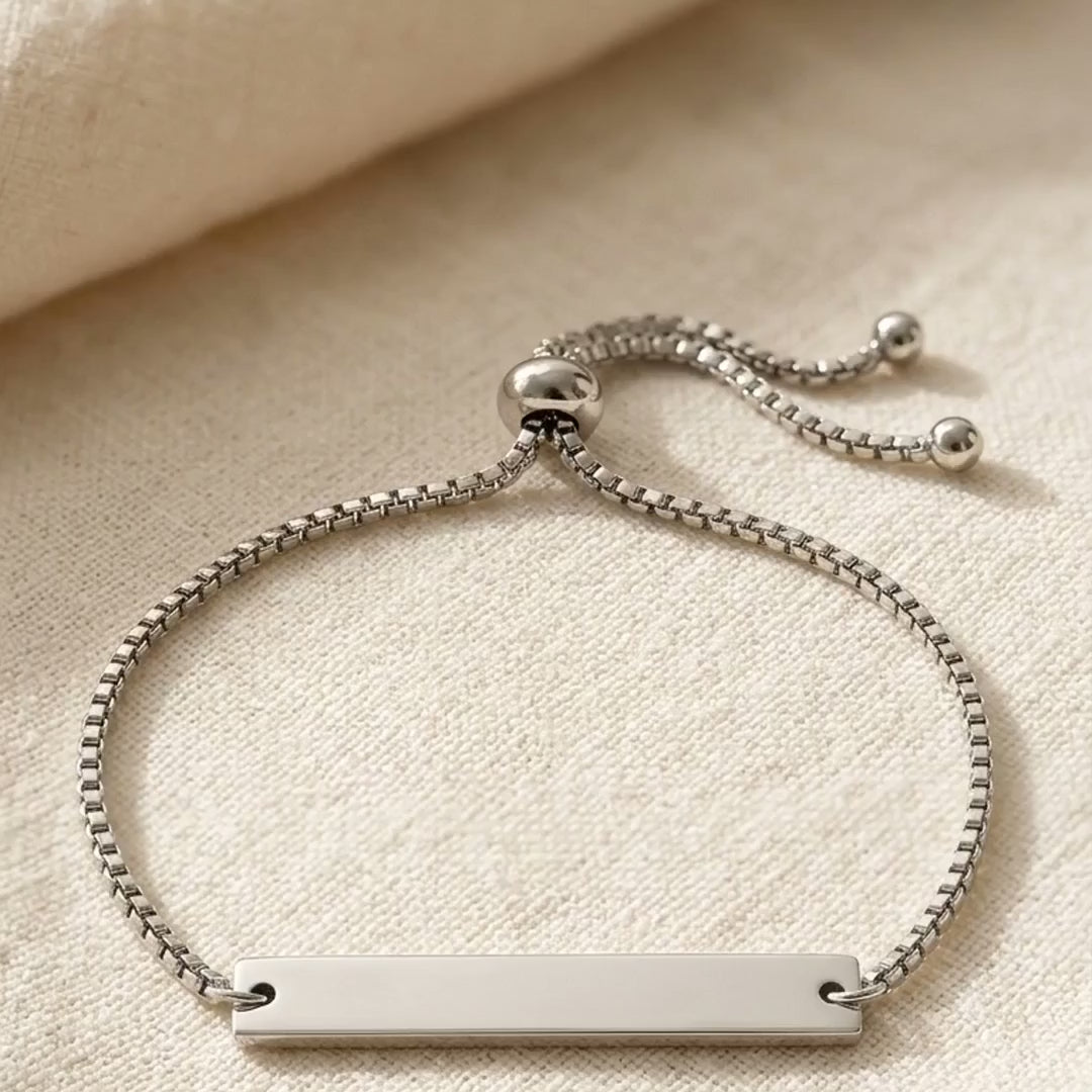 Personalized Bar Bracelet — Engraved Stainless Steel, Adjustable